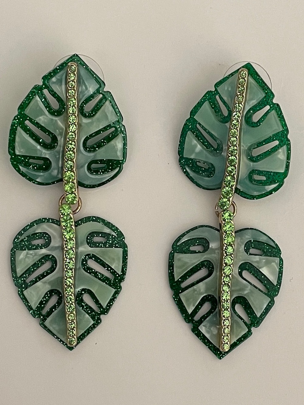 Monstera Leaf Statement Earrings Green Double Drop Dangle Rhinestone Tropical